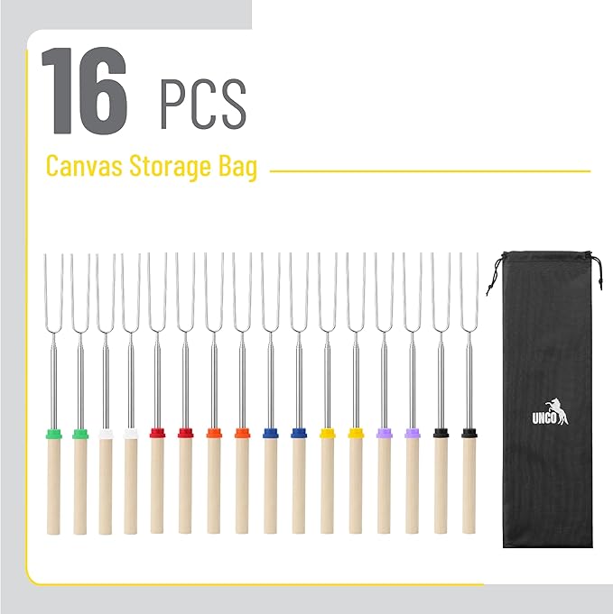 UNCO- Marshmallow Roasting Sticks, 32”, 16 Pack, Extendable Stainless Steel Smores Sticks for Fire Pit, Smores Skewers, Campfire Cooking Equipment