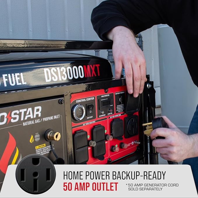 DuroStar DS13000MXT 13,000-Watt 500cc Tri Fuel Portable Generator - Gas, Propane & Natural Gas, Remote Electric Start, Whole Home Power Backup, Transfer Switch Ready, RV & Emergency Ready