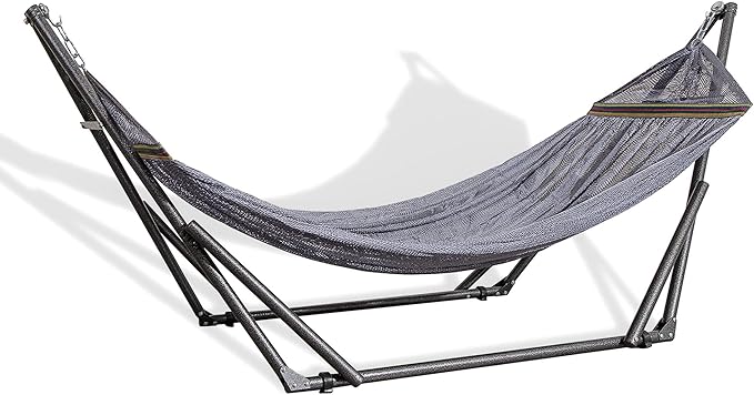 Best Home Fashion Hammock for 2 Persons with Collapsible Steel Stand 600 lbs Capacity- Portable Carrying Case, Adjustable, Perfect for Camping Beach Patio, EZ Daze Foldable Hammock with Stand- Grey