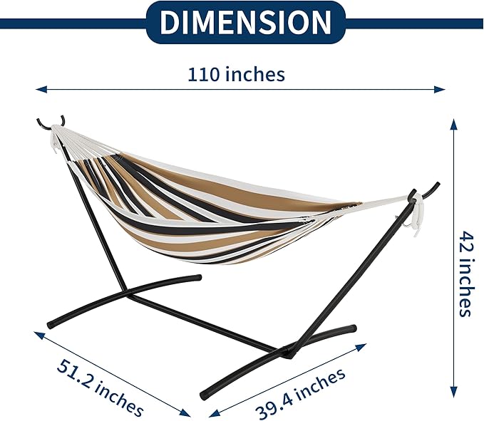 Double Hammock with Steel Stand - 2 Person Hammock Bed Indoor Outdoor, Brazilian-Style, with Carry Bag, 450lb Capacity, Portable & Easy Assembly, Coffee