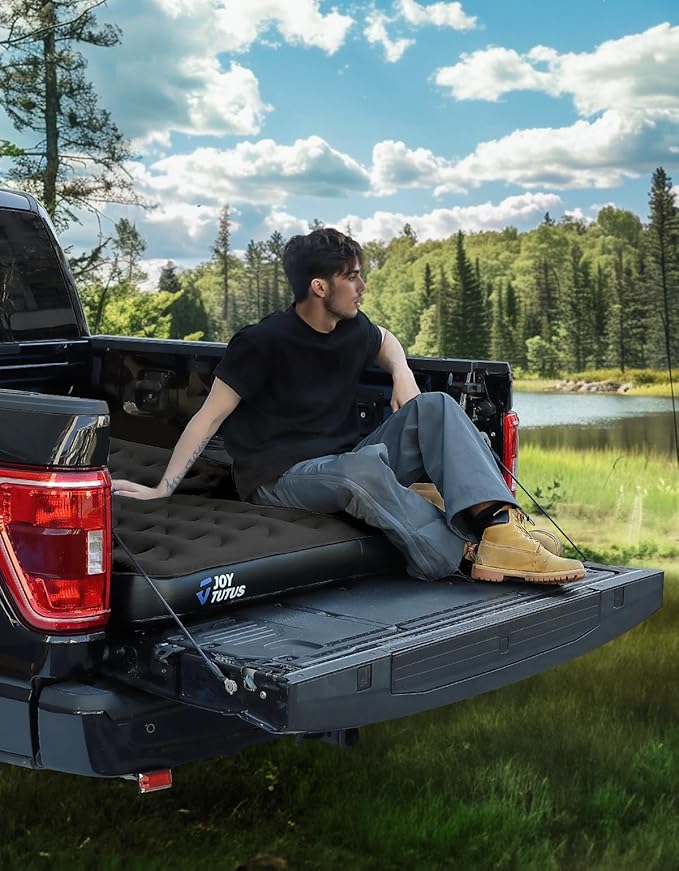 JOYTUTUS Truck Bed Air Mattress for 5.5-5.8Ft with Built-in Air Pump,Full Size Short Beds Inflatable Mattress for Outdoor Camping, with Carry Bag & Cup Holder, Black