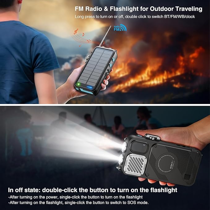 Emergency Radio&22000mAh Solar Power Bank, FM NOAA Weather Radio, Portable Hand Crank Bluetooth Radio, 20W Fast Charge Wireless Phone Charger, SOS Flashlight for Emergency/Home (Blue)