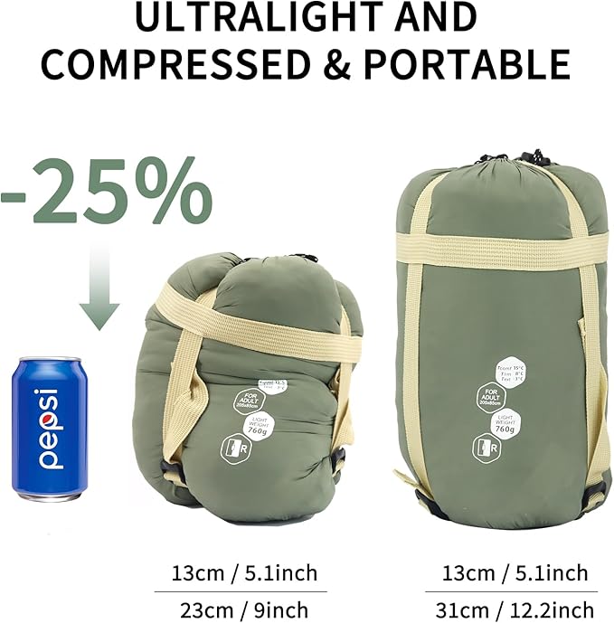 NewDoar Ultralight Backpacking Sleeping Bag - 50-70°F, 1.5lbs, Waterproof & Machine Washable, 2-Way Zipper for Teens,Couples,Women,Men Compact for Hiking/Camping (M/L Sizes)