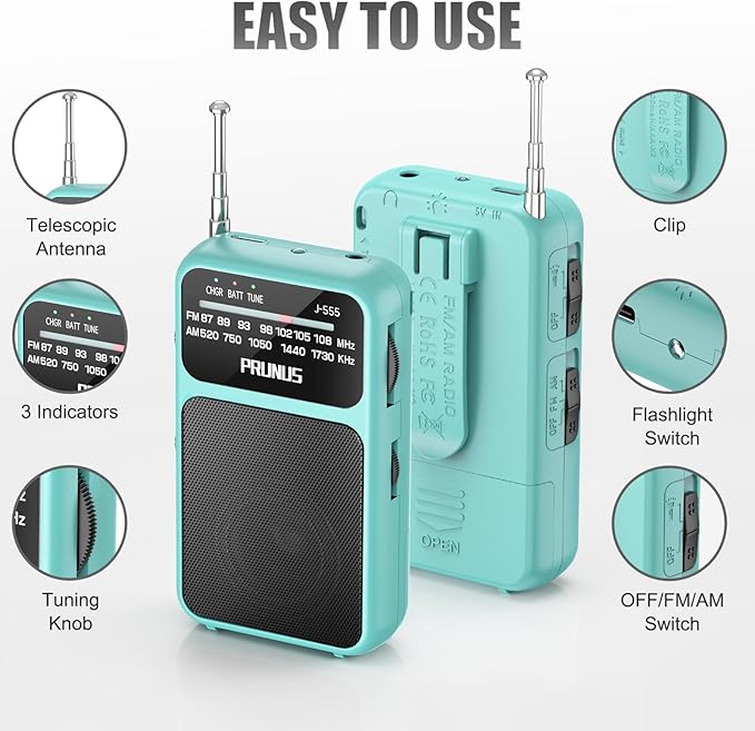 PRUNUS J-555 Pocket Radio AM FM USB-C Charging& Battery Operated, Excellent Reception& Clear Speaker and Headphone Jack, Back Clip, Flashlight, Transistor Radios, Portable Radios AM FM, Mini Radio
