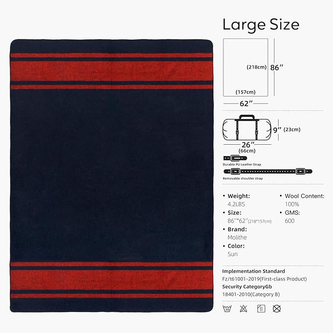Molithe 100% Wool Blanket, 62" x 86", Warm, Thick, Washable, Military Wool Blanket, Great for Camping, Outdoors, Sporting Events, Survival Kits