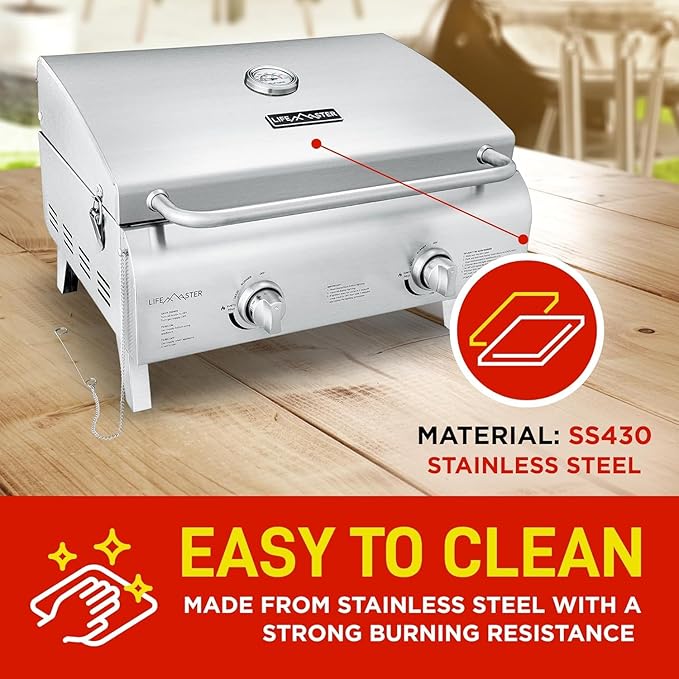 Lifemaster Portable Stainless Steel Gas Grill - 2 Burners Easy Clean Tabletop BBQ Propane Gas Grill with Foldable Legs and Wind Proof Lid for Camping and Outdoor - Silver