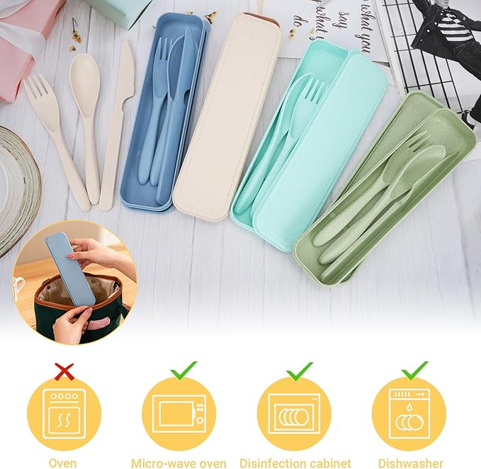 Knives Spoons and Forks Set, Portable Cutlery Set, Reusable Flatware Set for 4, Utensils for Party, Travel, Work, Picnic, Camping or Daily Use (Beige, Blue, Mint green, Light green)