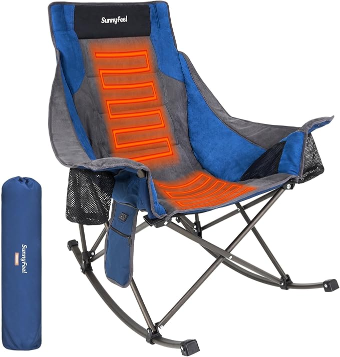 SUNNYFEEL Heated Rocking Camping Chair Fully Padded Patio Folding Chair Portable Oversized Outdoor Rocker High Back Lawn Recliner with Side Pocket Camp Rocker Chairs for Adults Heavy Duty 500 LBS Blue