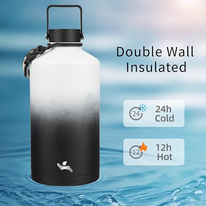 Konokyo Gallon Insulated Water Bottle with Straw,128 oz 3 Lids Water Jug with Carrying Bag,Paracord Handle, Double Wall Vacuum Stainless Steel Metal Flask,Day Night