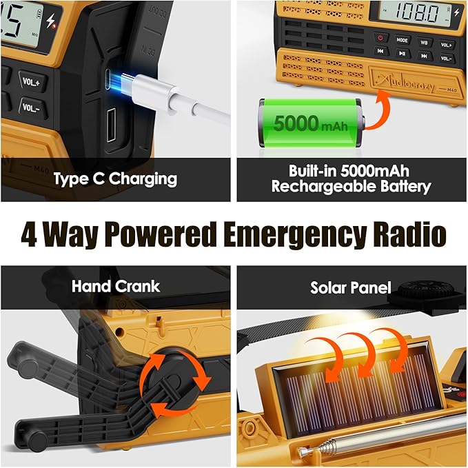 Emergency Radio, 5000mAh/18500mWh Solar Hand Crank Weather Radio with NOAA/AM/FM/Bluetooth, Crank Radio Flashlight Cell Phone Charger,Flashlight&SOS for Outdoor/Home Yellow