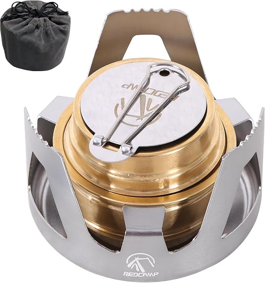 REDCAMP Mini Alcohol Stove for Backpacking, Lightweight Brass Spirit Burner with Aluminium Stand for Camping Hiking, Silver