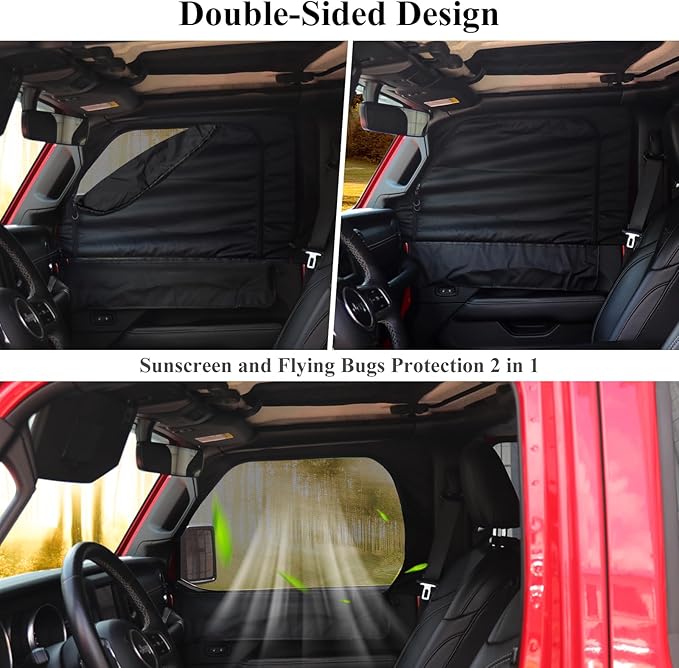 Front Window Sun Shade for Jeep Side Windows, Window Screen Curtains Cover for Camping Compatible with 2007-2026 Jeep Wrangler JK JL & Gladiator JT, 2 Pack
