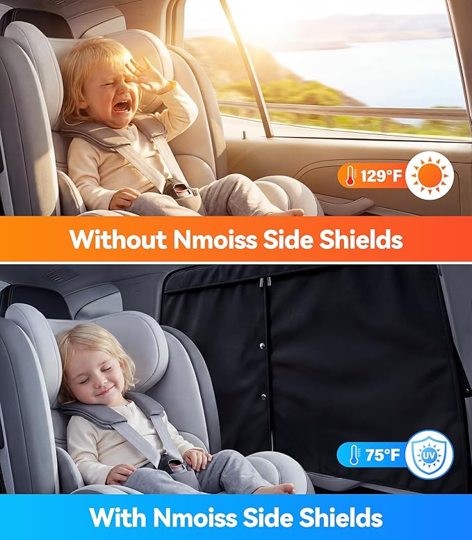 Nmoiss [2026 Upgraded] Car Window Shades for Baby [Ice Crystal Cooling Layer] (2 Pack) 99% UV-Blocker Protection Side Window Curtains Roll Windows Down Privacy Full Covers/Half Shade Options