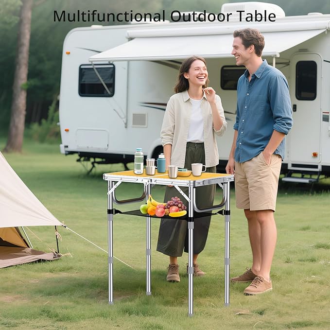 Anbte 2ft Camping Table Foldable, 3 Adjustable Heights High 27.5" Aluminum Small Folding Table with Carrying Handle, Portable, for Outdoor Indoor Picnic Beach BBQ Travel, 24" x 16", Light Oak Grain