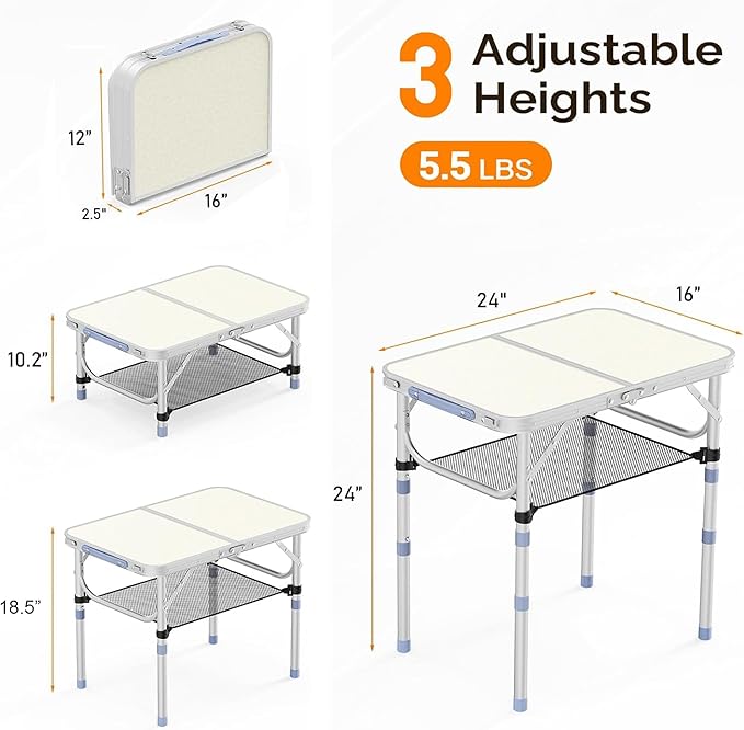 Small Folding Table Portable, 2ft Camping Pinic Table with 3 Adjustable Height, Aluminum Foldable Lightweight Patio Side Table with Carry Handle for Outdoor Indoor Hiking Camp BBQ Beach (White)