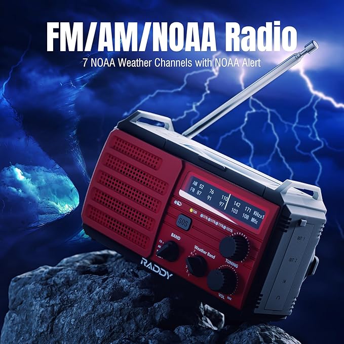 [37000mWh Battery] Raddy SW10 Emergency Radio, Hand Crank Solar, AM FM NOAA Radio with Rechargeable Battery Flashlight SOS Alarm Compass, Power Bank for Power Outage Camping Hurricane Outdoor
