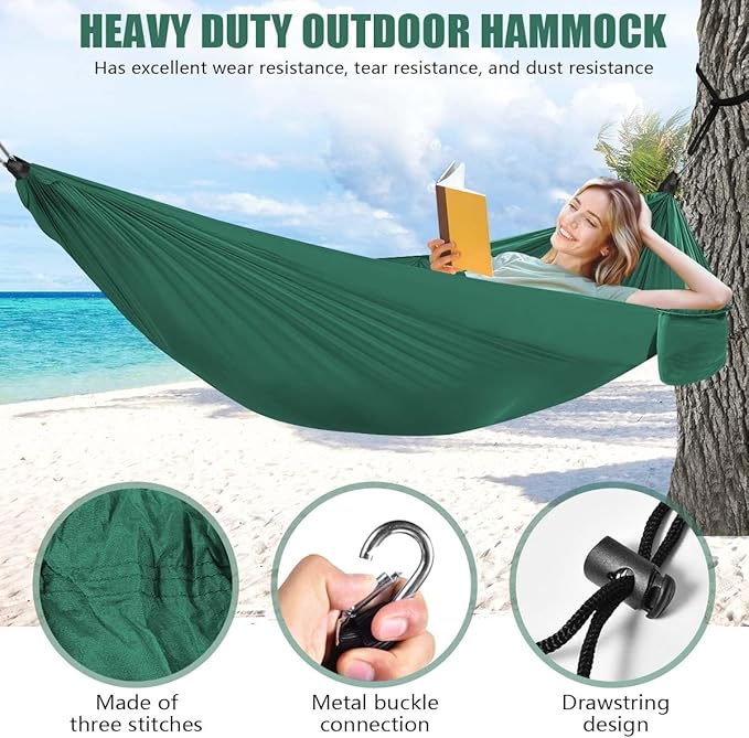 OBTANIM Camping Hammock 500lbs Portable Lightweight Single or Double Hammock with Tree Straps and Carry Bag for Camping Backpacking Hiking Travel Beach Outdoor Indoor (Dark Green)