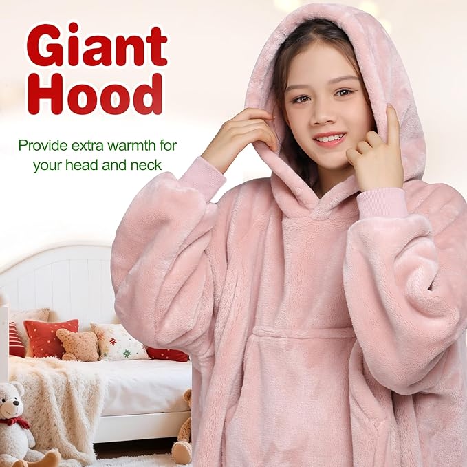 Waitu Wearable Blanket for Kids, Wearable Blanket Hoodie for Teens Girls Boys, Warm Blanket Sweatshirt Gift for Teenage, Hoodie Blanket with Sleeves and Giant Pocket - Pink