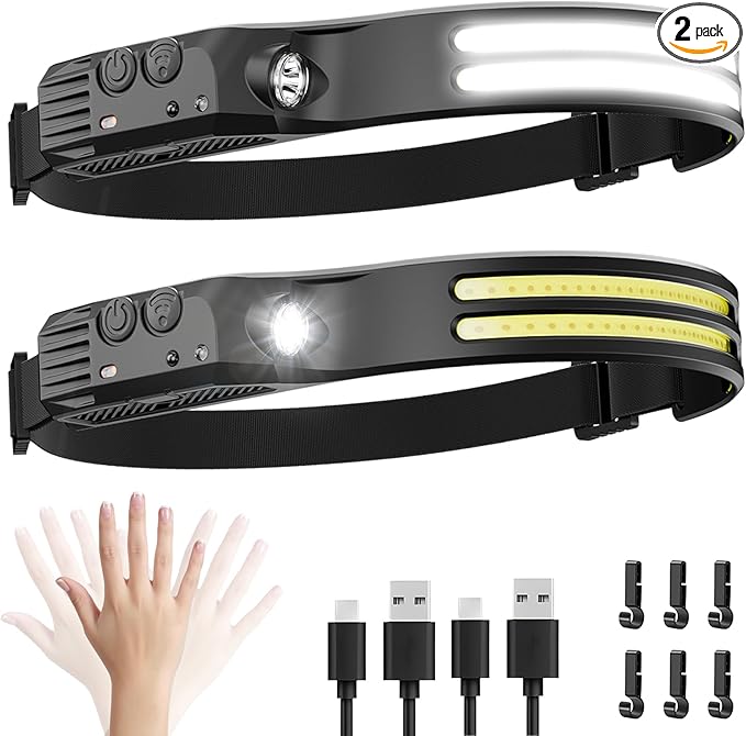 Beccason 2Pack LED Headlamp Rechargeable - 230° COB Super Bright Head Lights for Forehead, Hard hat Light for Adults, USB C Headband Flashlight for Work, Hunting, Running, Camping Essentials Gear