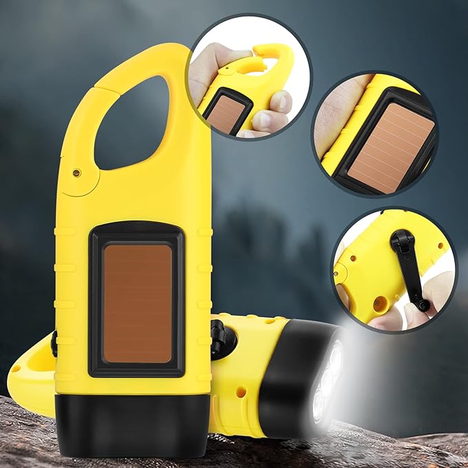 Simpeak 2-Pack Hand Crank Solar Powered Emergency LED Flashlight, Survival Flashlight with Dynamo Torch for Outdoor Sports, Yellow