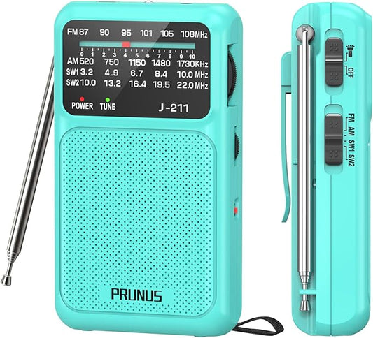 PRUNUS J-211 Portable Radio AM FM with USB Charging and AA Battery Operated, Transistor Radio, Strong Reception& Clear Speaker, Headphone Jack, Back Clip, Lanyard, Small radios Portable AM FM