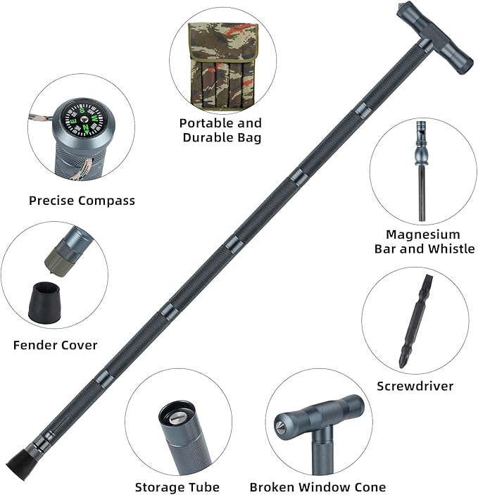 aiGear H3 Tactical Survival Walking Stick, Outdoor Hiking Staff Multitool Gear Adjustable Trekking Poles for Camping Hiking Survival 6-8 Tubes（with Multitool）