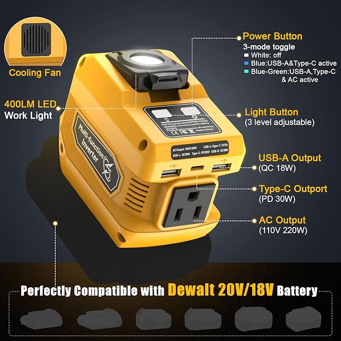220W Portable Power Inverter Compatible with Dewalt 20V Battery, DC 20V to AC 110V Battery Inverter, Power Station with 400LM LED Work Light, 1 AC Outlet, 2 USB Ports & 1 Type‑C Fast Charging