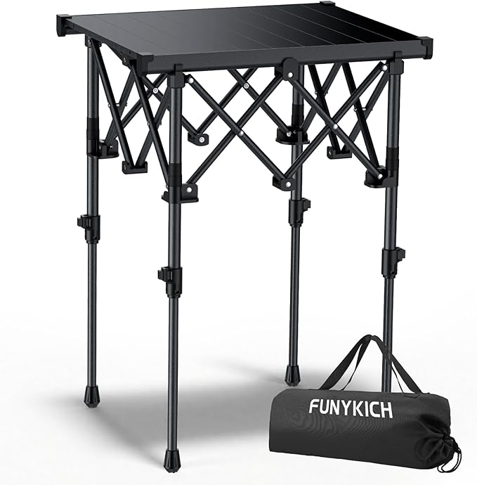 FUNYKICH Folding Camping Table(L19.9''xW16.1''), Aluminum Roll-up Portable Picnic Table with 2 Adjustable Height(17.3'' & 27.6'') for Picnic, Camping, BBQ, Party, Backyard, Beach