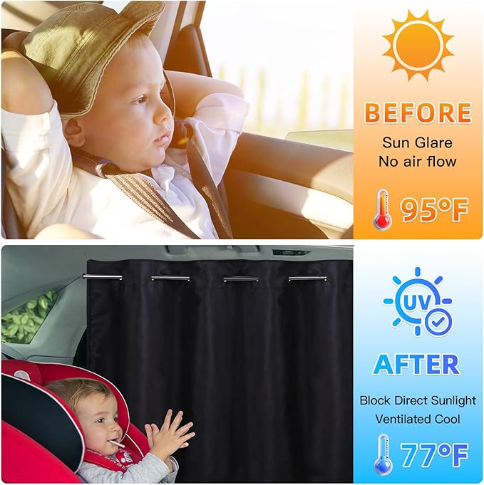 ZATOOTO Car Window Shades with Rods Set of 3, Car Shades for Back Windows Baby & Privacy Blackout Car Divider Curtain Opaque Suede Totally Blackout Length Adjustable for Most Car SUV Truck Van MPV