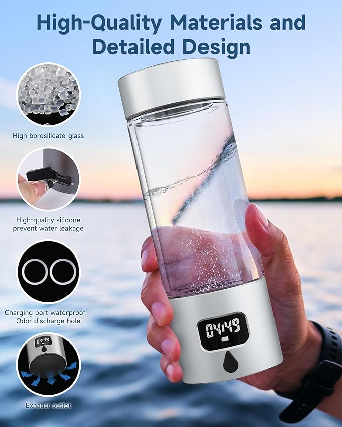 340ml Portable Hydrogen Water Bottle Generator with PEM-SPE Technology, Glass Exterior & Aluminum Shell, Produces 5000 ppb Hydrogen in 10 Minutes, for Home, Gym, Office & Travel