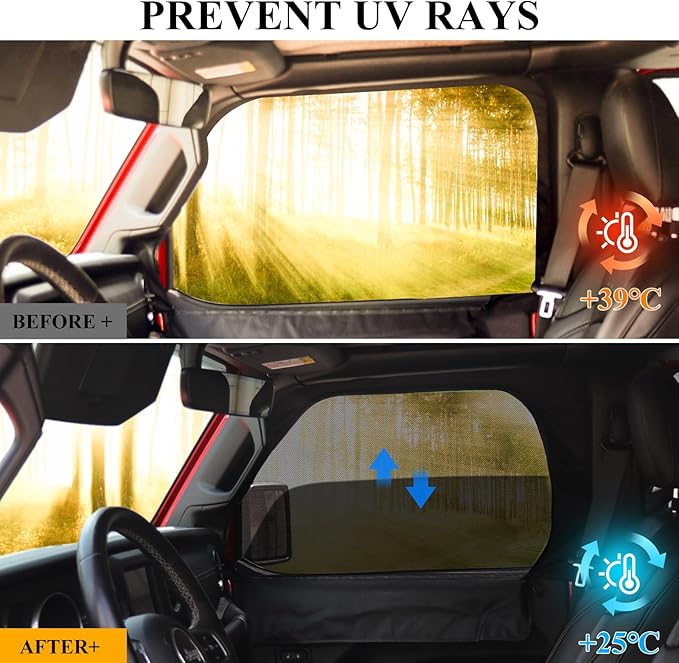 Front Window Sun Shade for Jeep Side Windows, Window Screen Curtains Cover for Camping Compatible with 2007-2026 Jeep Wrangler JK JL & Gladiator JT, 2 Pack