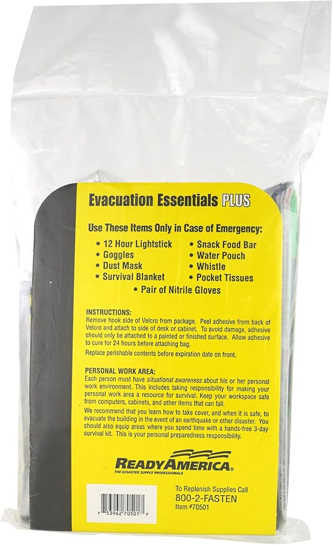 QuakeHOLD! Evacuation Essentials Plus Kit, Earthquake, Fire, Flood, Hurricane, Bug Out Bag, 5-Year Food, 5-Year Water, Emergency Preparedness Kit, Compact Survival Bag For Office, Home, Car, 1 Pack