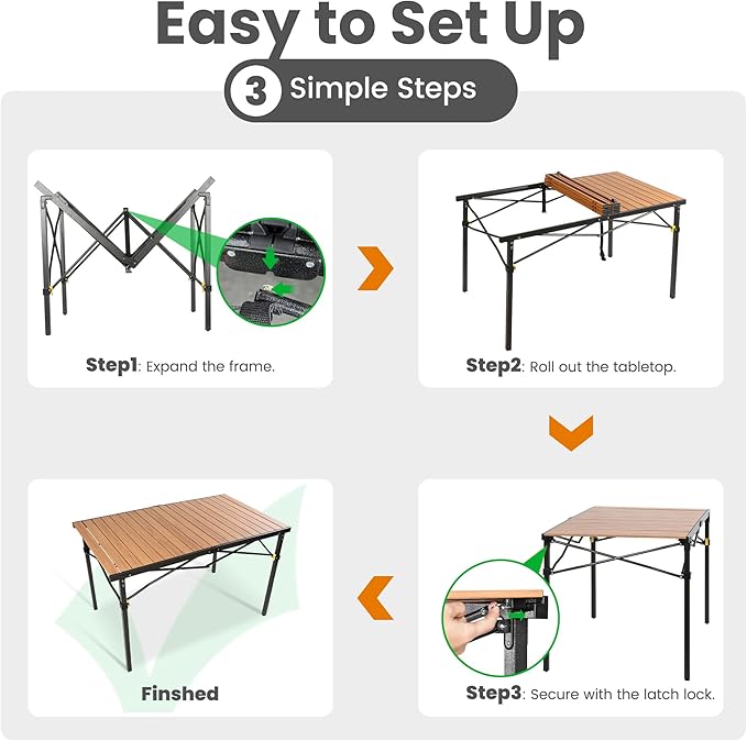 Join Nature 46.4" Large Folding Camping Table for 2-6 People - Heavy Duty Camp Table Foldable with Aluminum Roll-Up Top & Carry Bag - 220lbs Capacity, Portable for BBQ, Tailgating, Backyard (Natural)