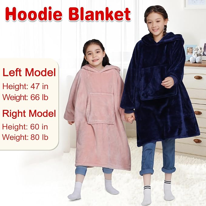 Waitu Wearable Blanket for Kids, Wearable Blanket Hoodie for Teens Girls Boys, Warm Blanket Sweatshirt Gift for Teenage, Hoodie Blanket with Sleeves and Giant Pocket - Pink