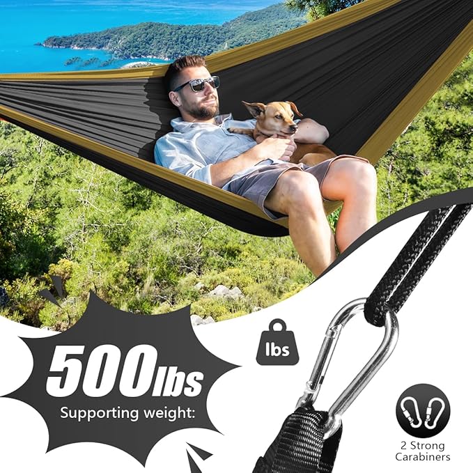 OBTANIM Camping Hammock 500lbs Portable Lightweight Single or Double Hammock with Tree Straps and Carry Bag for Camping Backpacking Hiking Travel Beach Outdoor Indoor (Camel and Black)