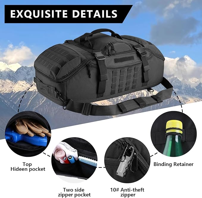 Hannibal Tactical 55L Large Duffle Bag, 3-in-1 Tactical Backpack MOLLE Pack for Sports, Gym, Outdoor, Black