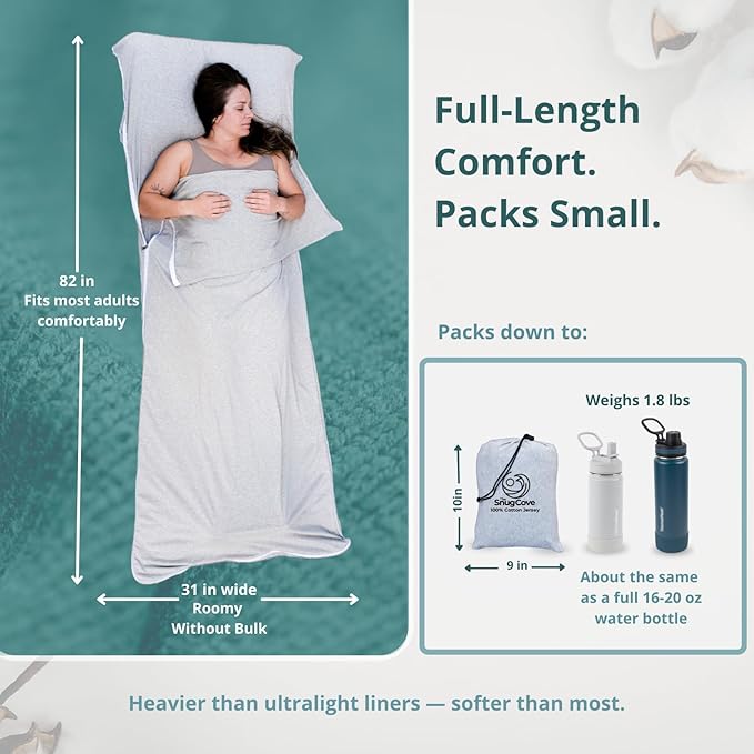 Soft Cotton Sleeping Bag Liner – 100% Organic Jersey Cotton Travel Sheet with Full Zipper, Lightweight Camping Sheet for Hotel & Travel, Single or Double Convertible Stretchy Sleep Sack for Adults