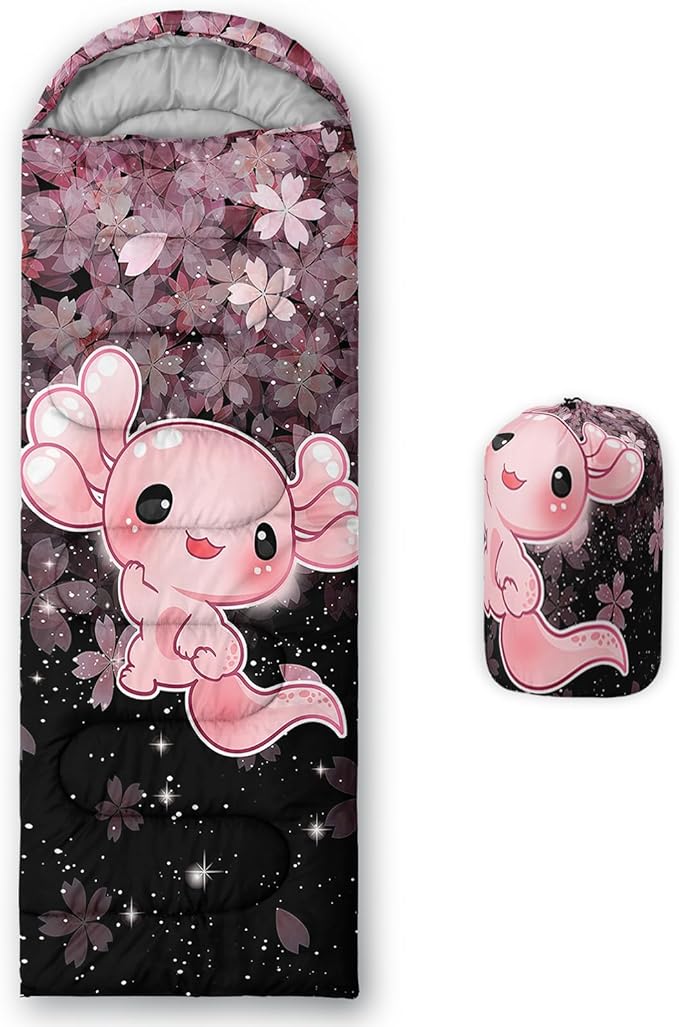 QOOMO Axolotl Cute Camping Sleeping Bags,3 Season Warm & Cool Weather,Lightweight,Waterproof Sleeping Bags for Adults & Kids,Traveling,and Outdoors