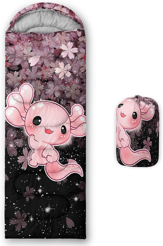 QOOMO Axolotl Cute Camping Sleeping Bags,3 Season Warm & Cool Weather,Lightweight,Waterproof Sleeping Bags for Adults & Kids,Traveling,and Outdoors