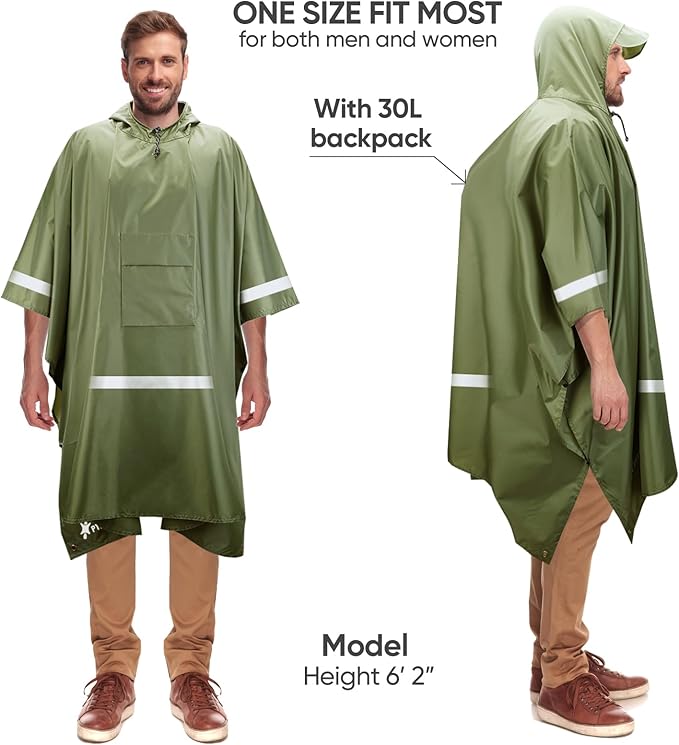 PTEROMY 3-in-1 Hooded Rain Poncho for Adult with Pocket, Waterproof Lightweight Unisex Raincoat for Hiking Camping Emergency