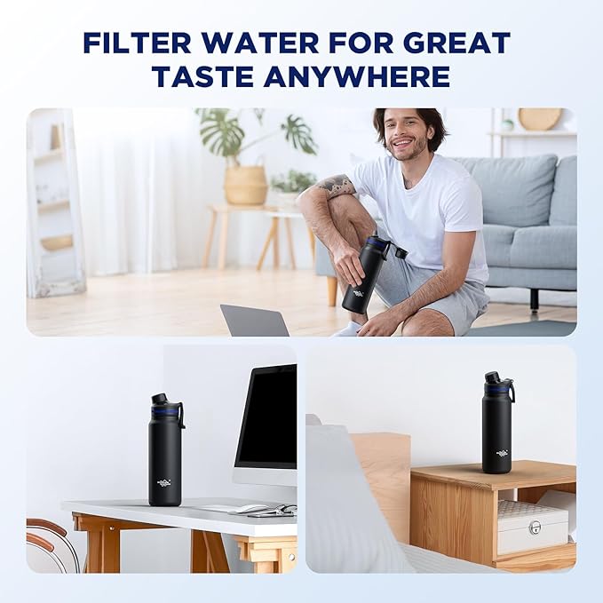 Membrane Solutions C3 Filtered Water Bottle, 32oz Stainless Steel Water Bottle with Replaceable UF+ACF Filter Cartridge, Portable Water Filter, Travel, Hiking & Camping for Drinking Water