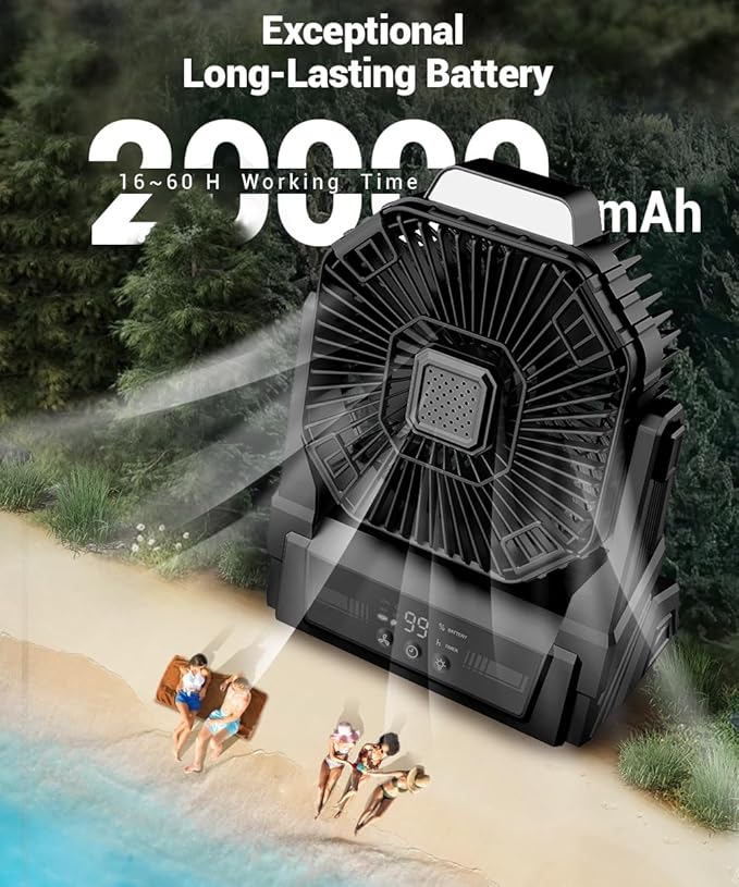 KopBeau Portable Camping Fan with Lights, 20000mAh Rechargeable Battery Operated Fan, Battery Powered Outdoor Beach Tent with 3 Speeds & Hook, Personal USB Table for Camping Accessories Black
