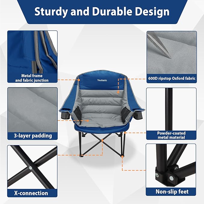 Youtanic Oversized Camping Chair, Portable Folding Camping Chairs with Side Pocket, Cup Holder and Carry Bag, Heavy Duty Outdoor Camping Chairs for Adults, Fishing, Sports, Trip, up to 400lbs, Style 6