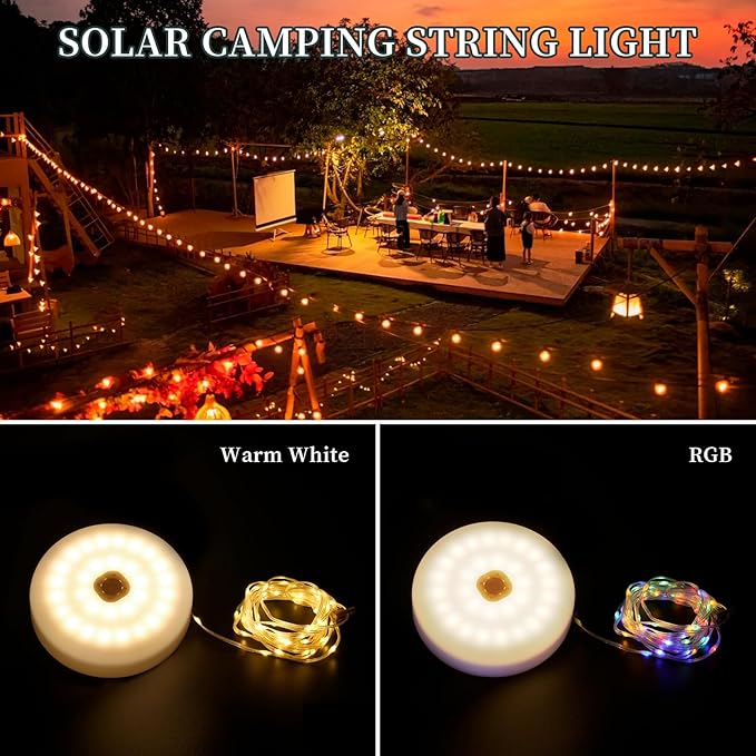 Solar Camping Lights 180LEDs 33FT,Rechargeable 4 in1 Camping String Lights with13 Modes&Timer,Waterproof Christmas Twinkle Lights for Tent,Yard,Outdoor,Garden,Hiking,Travel Decor