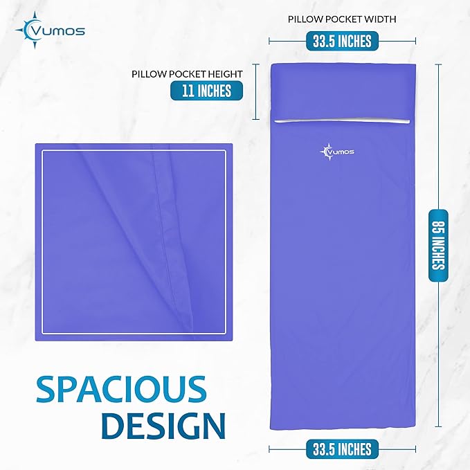 Sleeping Bag Liner Travel Sheet with Full-Length Zipper, Lightweight Silk-Like Polyester Camping Liner with Pillow Pocket, Compact Sleeping Bag Insert for Travel, Backpacking & Hostels