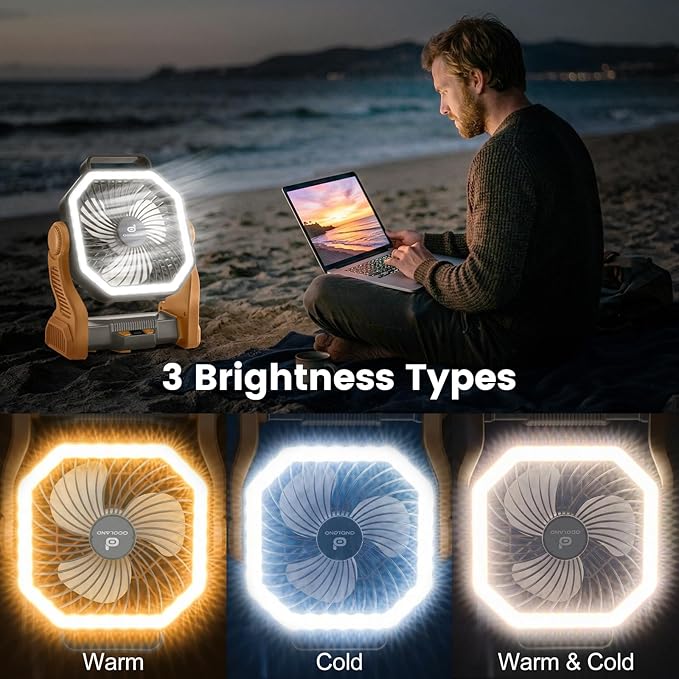 Odoland Rechargeable Camping Fan, 20000mAh Battery Fans with LED Lantern for Tent Car Beach Storm, Portable Light Desk Cooling Fan for Picnic Power Outage Hurricane, Brown