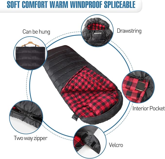 Keencamp 0 Degree Sleeping Bag Cotton Flannel Winter Cold Weather for Adults XXL Sleeping Bag 4 Season Big and Tall with Pillow Compression Sack