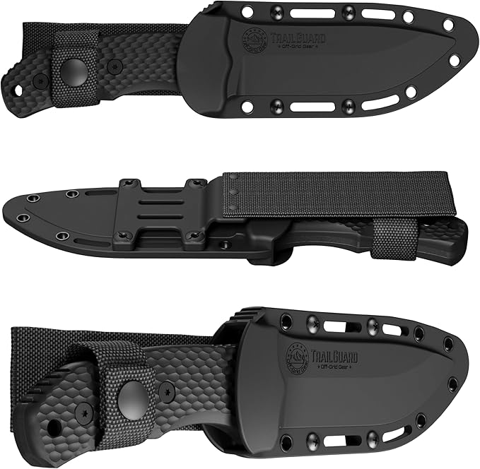 Off-Grid Gear TRAILGUARD Camping & Tactical Fixed Blade Knife, Stainless Steel Blade, Grippy FRN Scales, Sheath, Built For Campers, Preppers, Hunters, Fishermen, Survivalists, Handymen, Boaters, Bug Out Bag (Blackout)