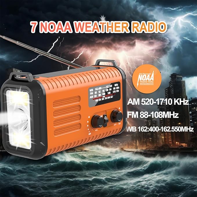 Weather Radio AM/FM/NOAA, Hand Crank Emergency Radio Flashlight, 20000mAh Battery Operated Cell Phone Charger, Solar Powered, Reading Lamp, Headphone Jack, SOS & Compass for Home Emergencies