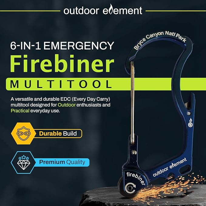 OUTDOOR ELEMENT Firebiner Custom Engraved 6-in-1 Fire Starter Carabiner Multitool – Survival Gear EDC Keychain with Utility Blade, Bottle Opener, Screwdriver, Emergency Tool